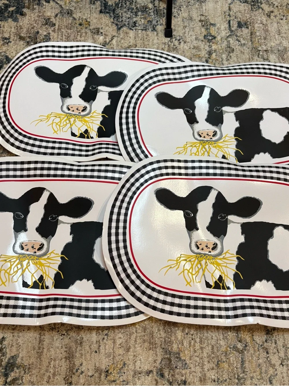 Vintage Set Of 4 Black/white Cow Vinyl Placemats Hay Farm Country K Mart